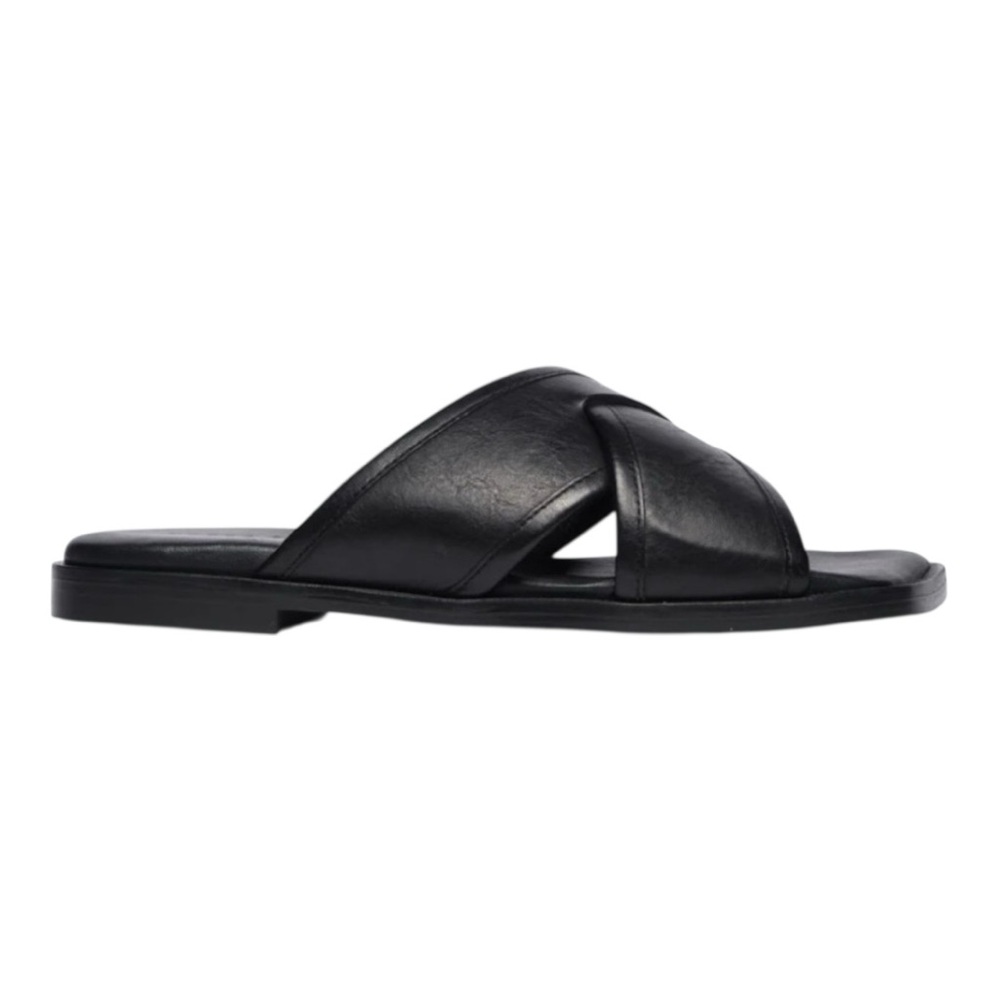 Freda Salvador Marta Black Leather Criss Cross Slide Sandal Flat Minimalist 7.5 - Picture 3 of 15